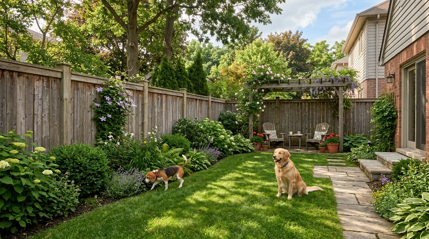 Tall Dog Fence With Mixed Greenery